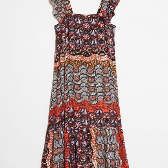 Corey Lynn Calter Anthropologie Doriane Midi Dress Abstract Pattern Ruffle XS - Picture 4 of 10